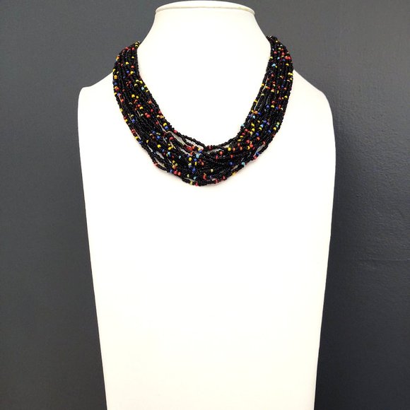 Multi strand black seed bead necklace with bright bead accents - Picture 2 of 13